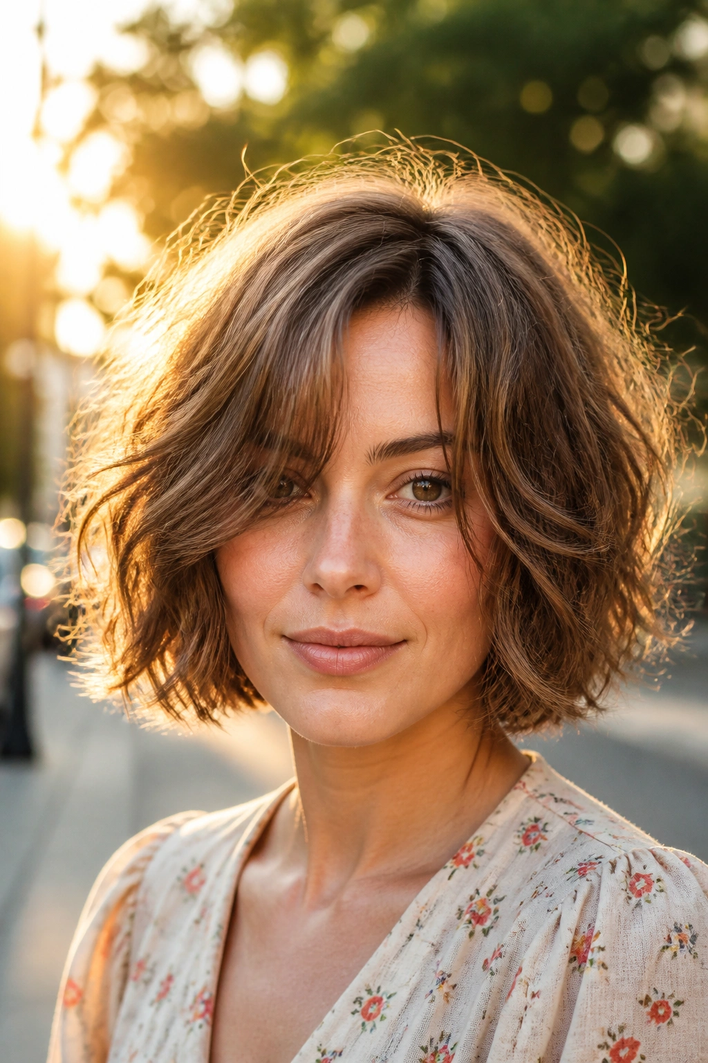 Close-up of a real woman with an airy wavy bob showcasing natural texture.