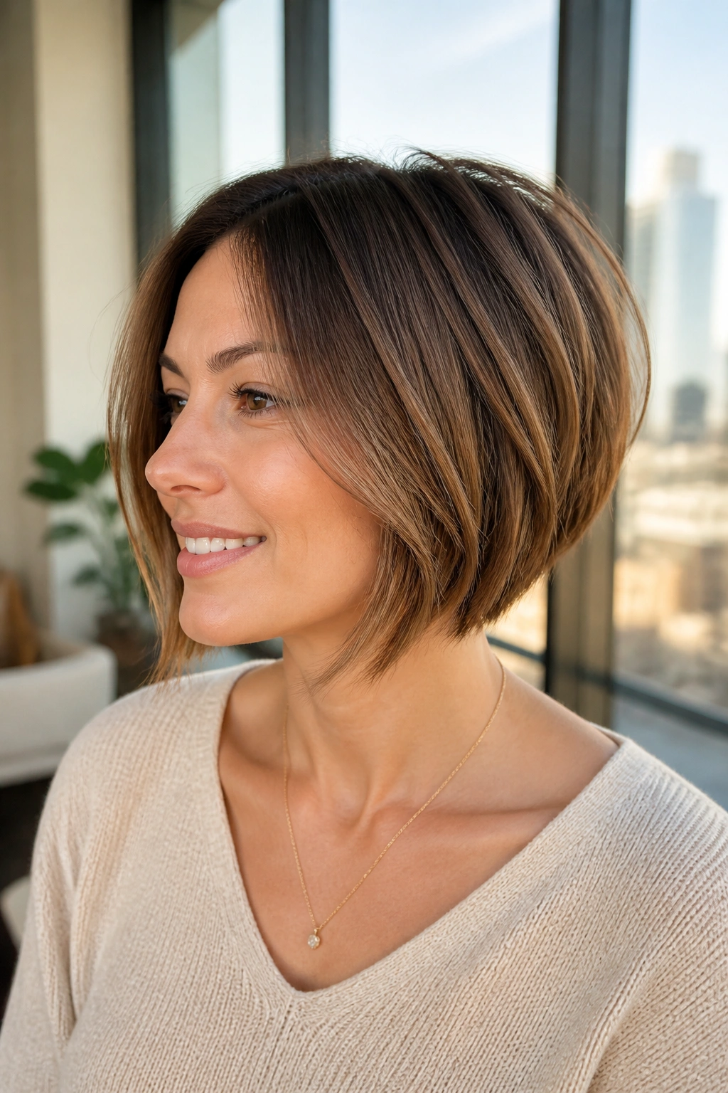 Portrait of a real woman with an airy wedge bob and lifted crown.