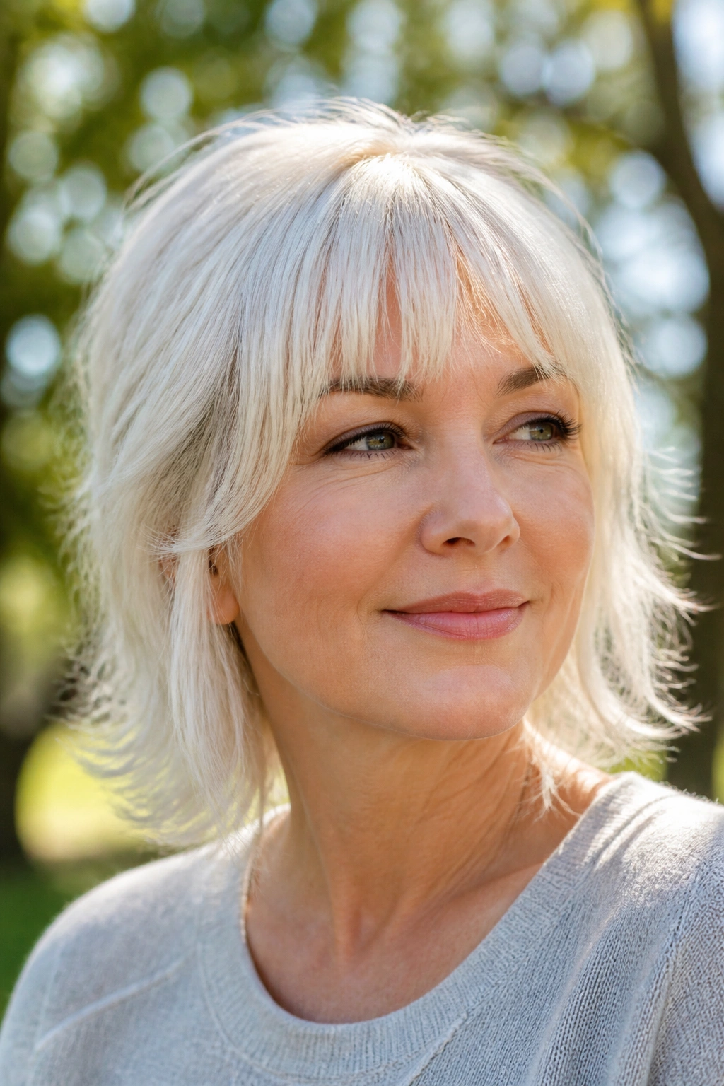Real woman with airy layered white fringe in a sunlit park setting
