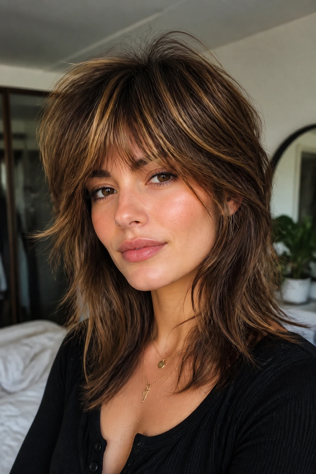 Real woman with airy wolf cut and caramel crown lift in warm natural light