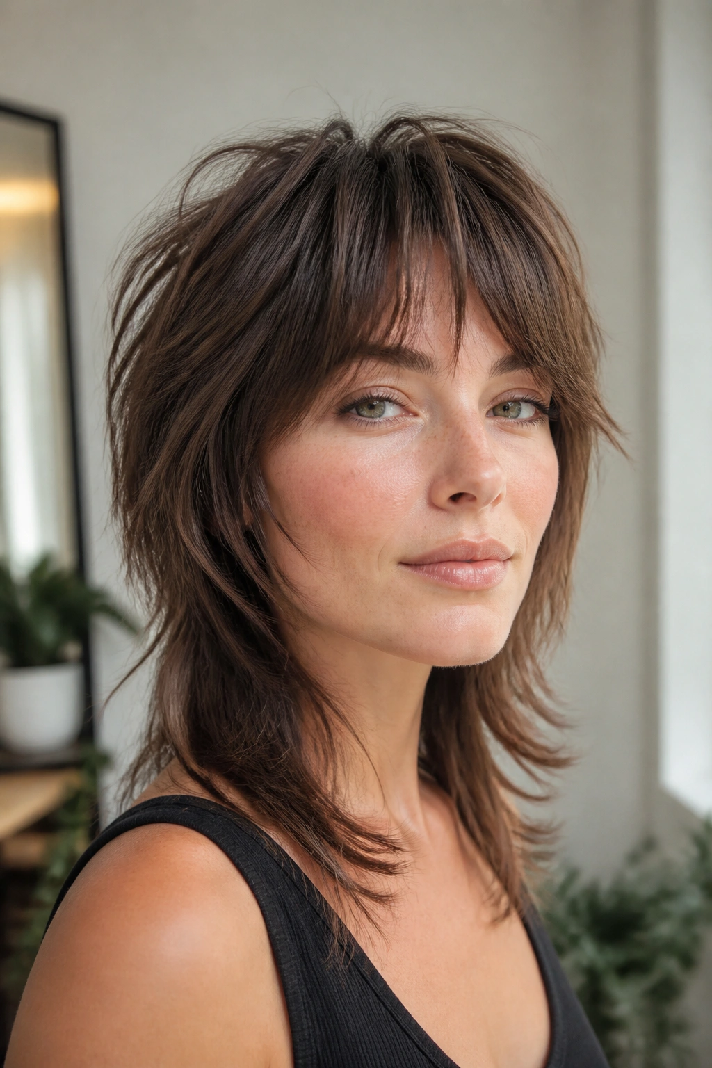 Real woman's head with an airy wolf cut for finer strands, crown lift and longer ends.
