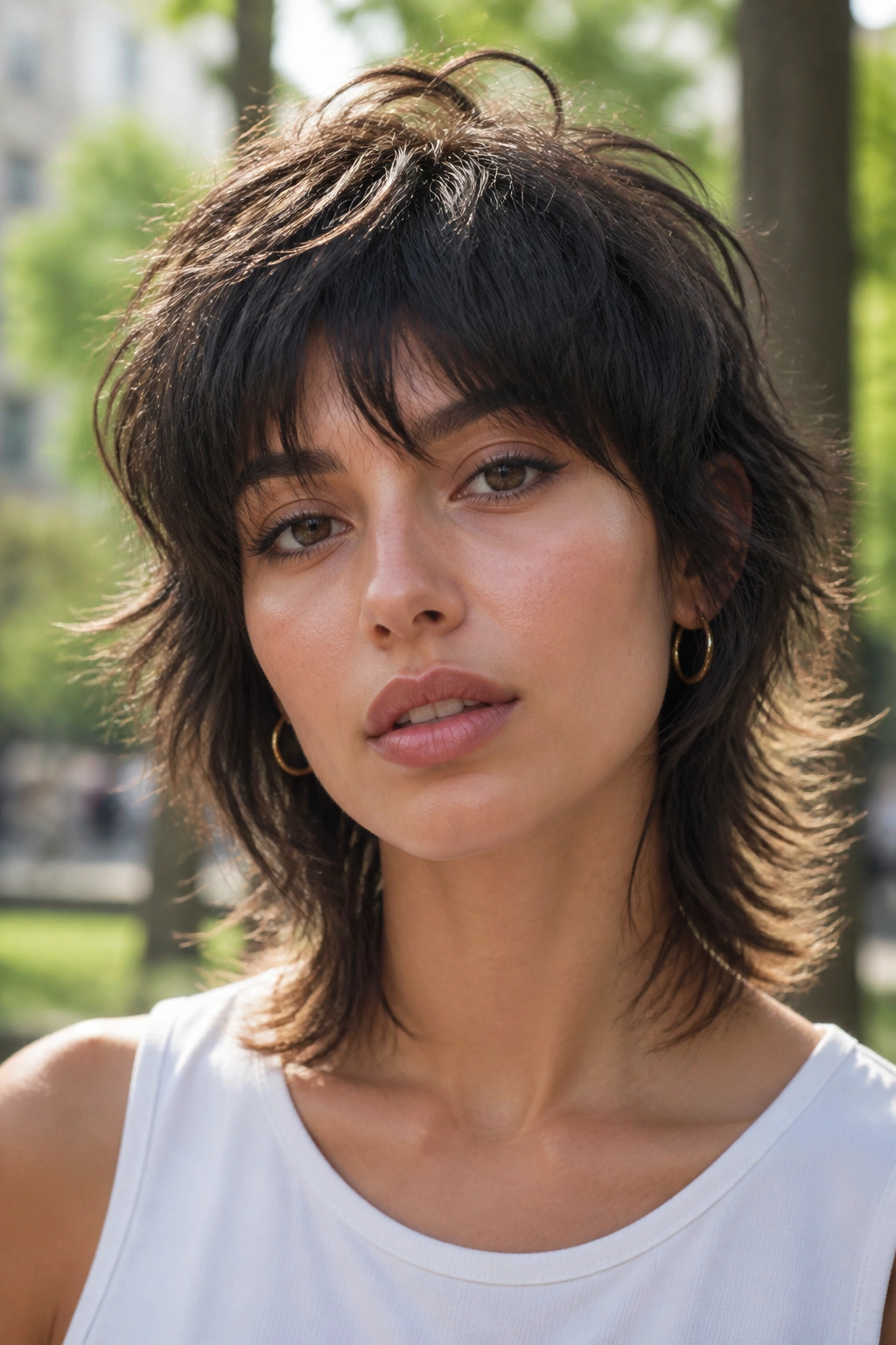 Close-up portrait of a woman with an airy wolf cut in natural park light