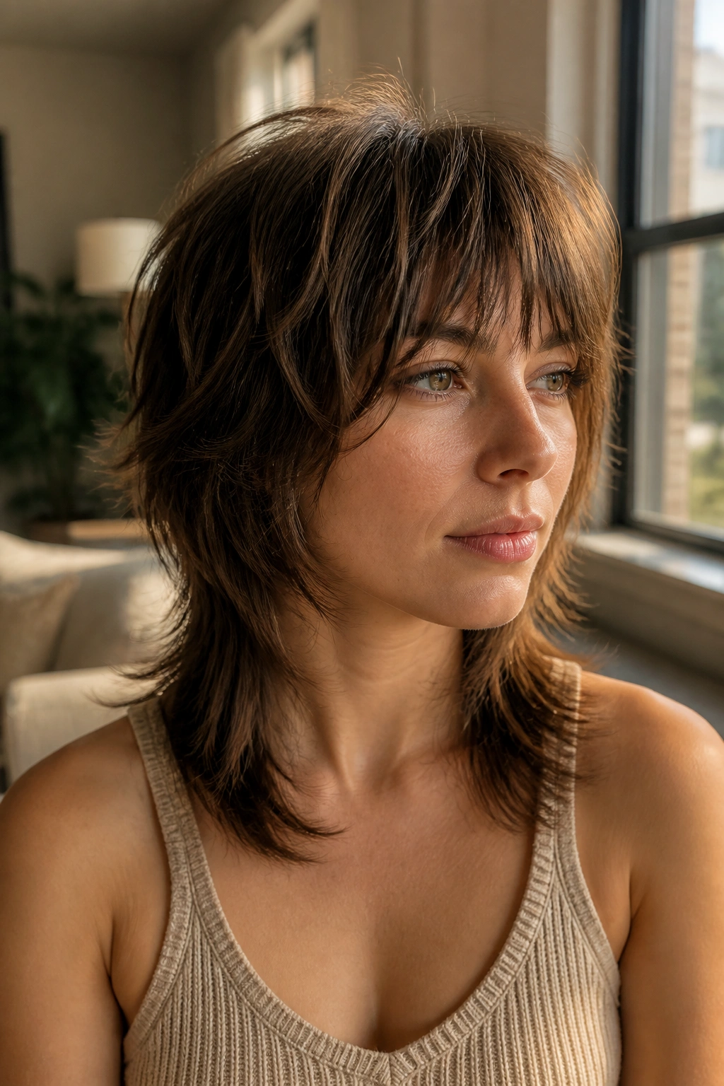 Close-up portrait of a real person with an airy wolf cut featuring lifted crown and soft fringe.