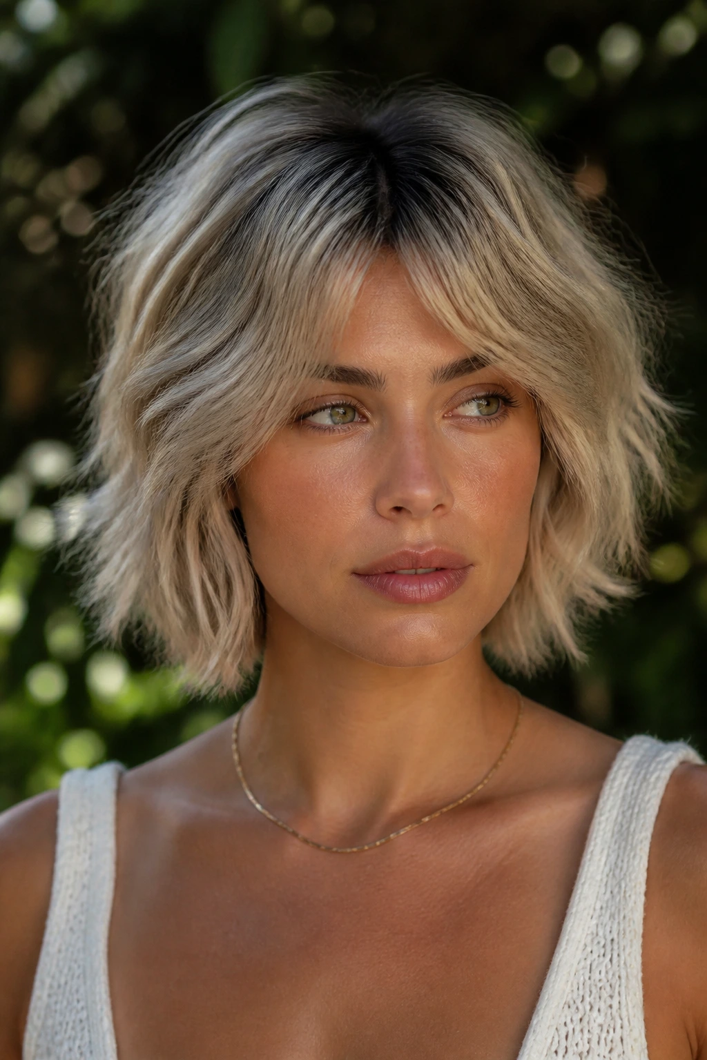 Head-and-shoulders portrait of a woman with an airy wolf cut and root shadow