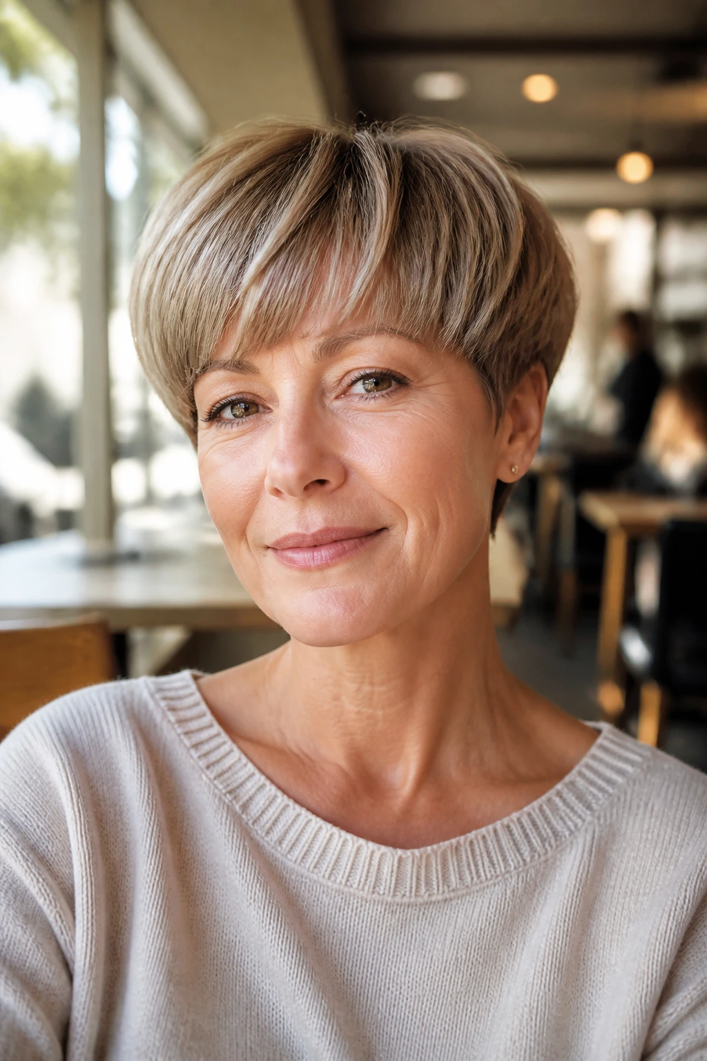 Close-up of a real woman with airy mushroom cut in sunlit interior