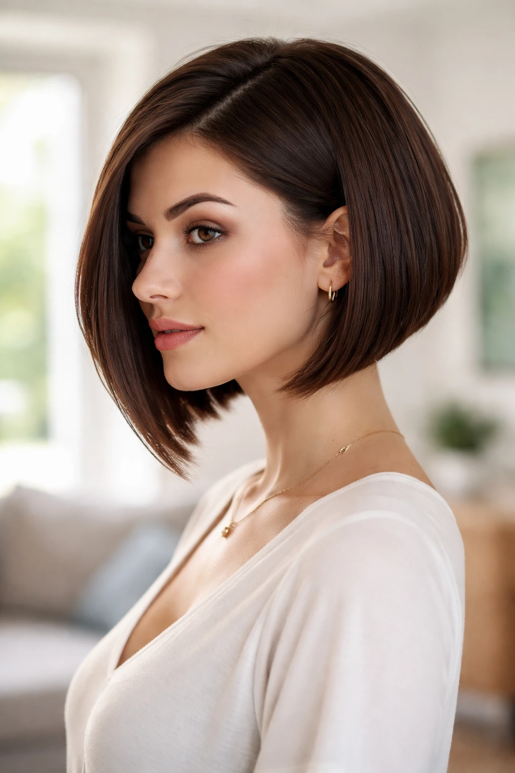 Close-up of a real woman with a deep angled A-line bob in a bright living space