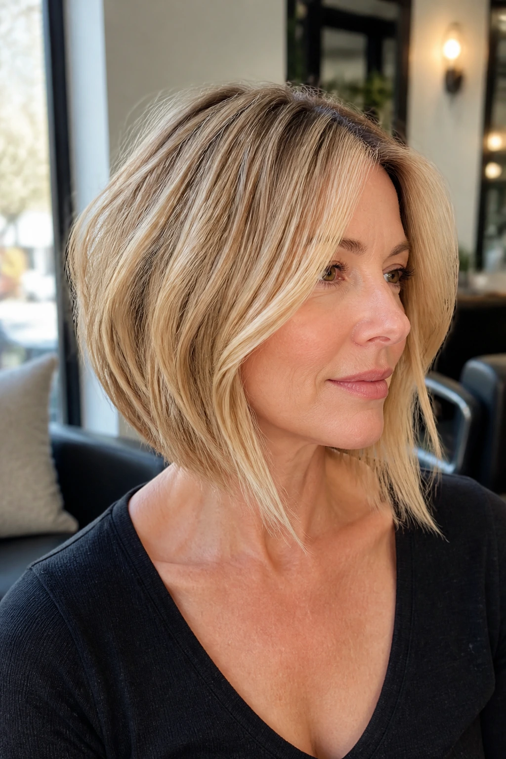 Portrait of a real woman with an A-line bob and soft bevel in warm blonde.