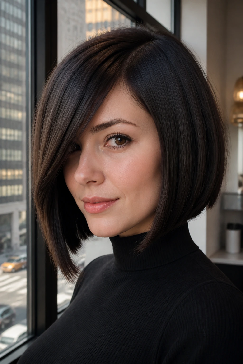 Close-up portrait of a real woman with an A-line bob and deep side fringe