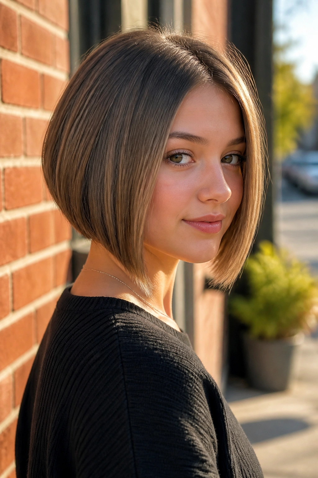 Medium close-up of a girl with an A-line bob silhouette