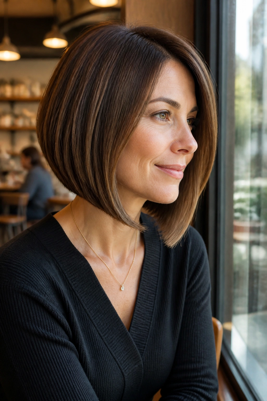 Real woman with A-line bob and hidden layers in daylight