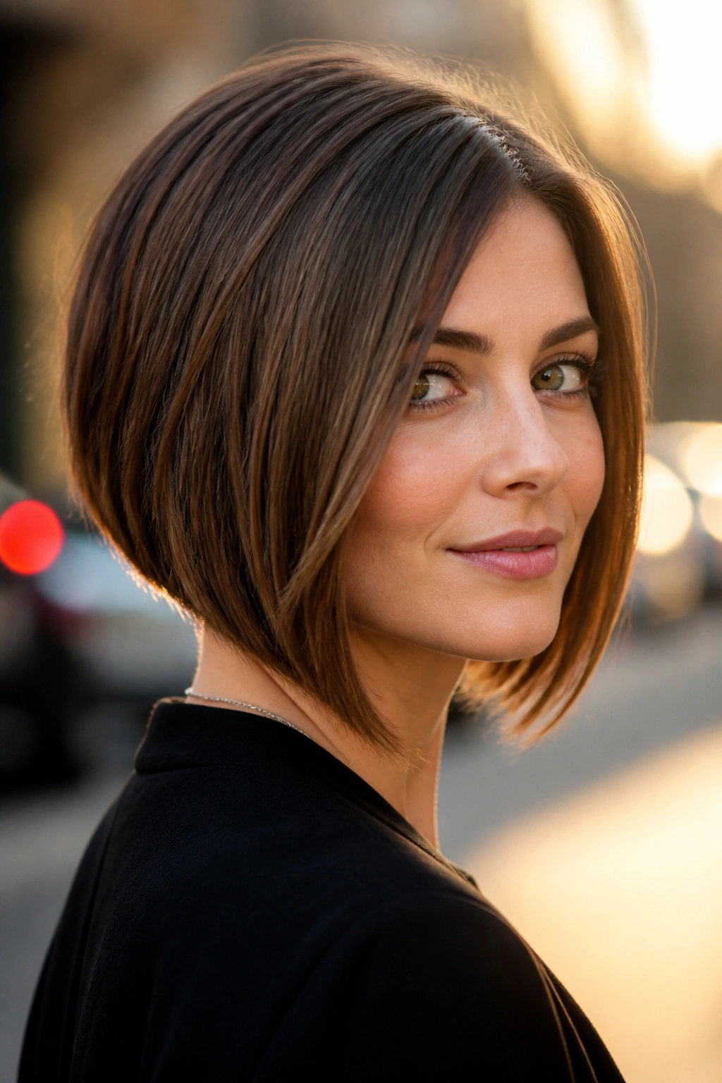 Close-up of a woman with an A-line bob skimming the jaw in golden hour light