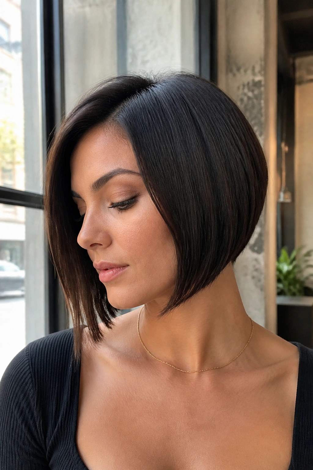 Close-up of a real woman with an A-Line Bob that skims the jaw
