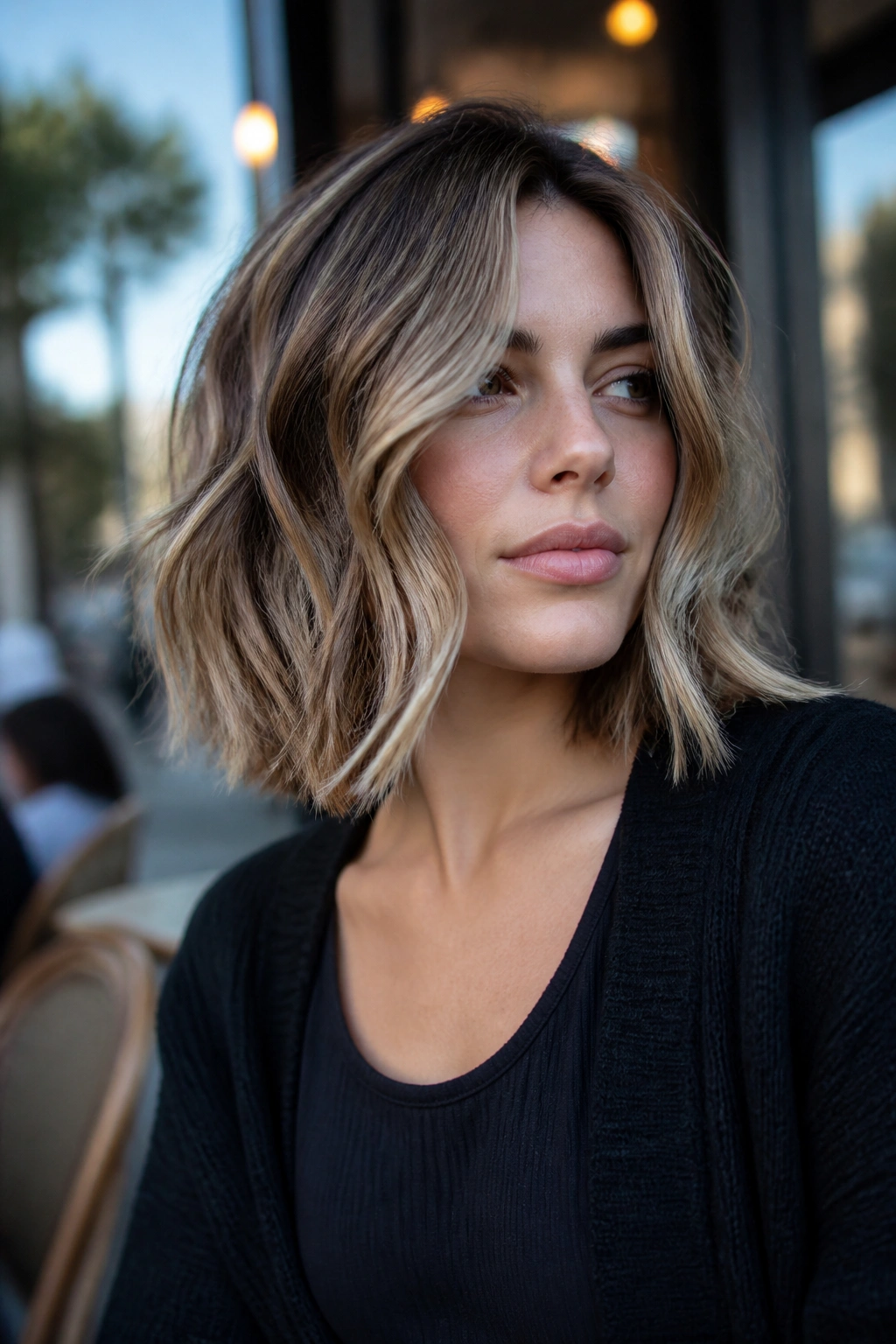 Close-up of a woman with A-line bob and loose bend in daylight