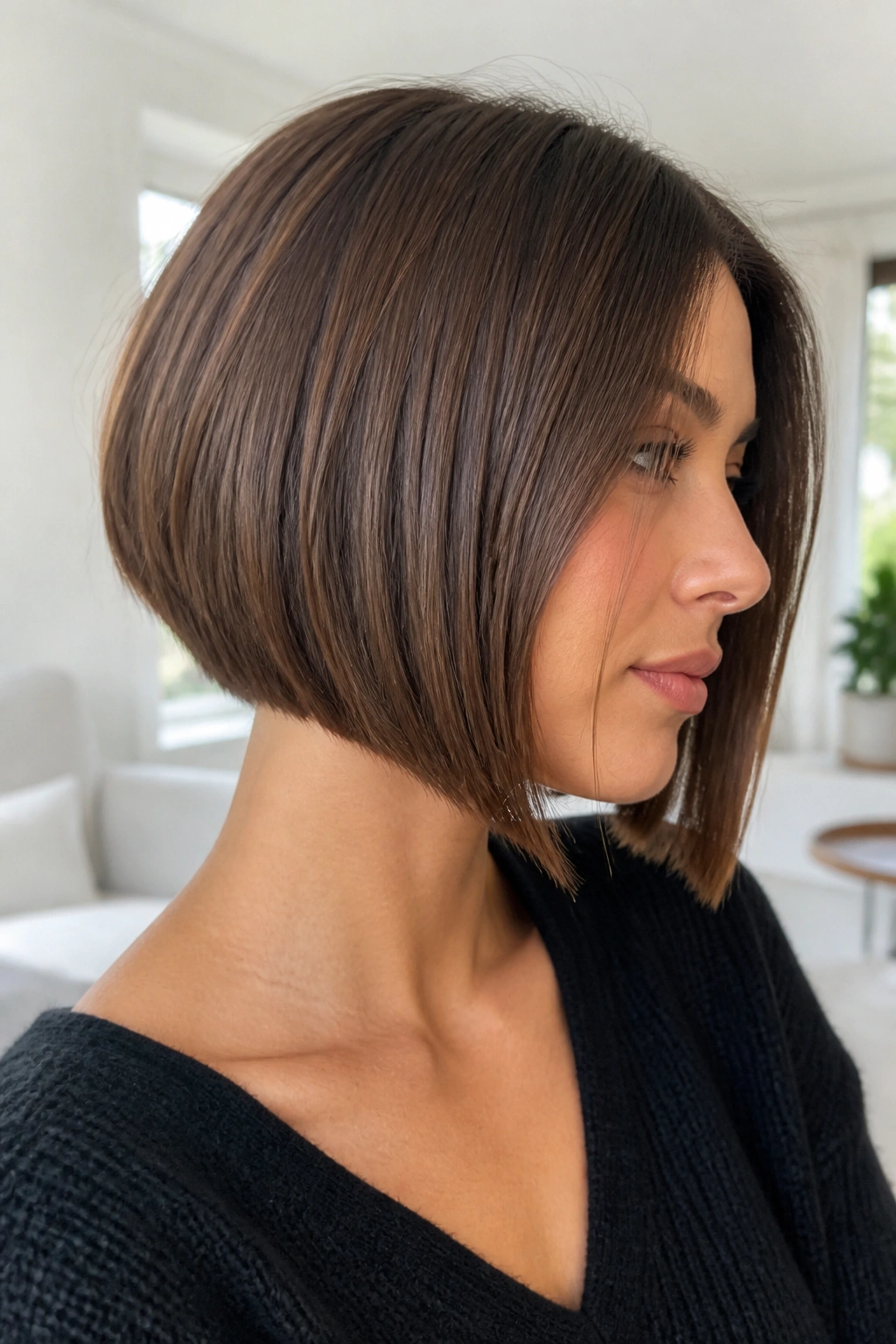 Real person with milk chocolate A-line bob showing front length