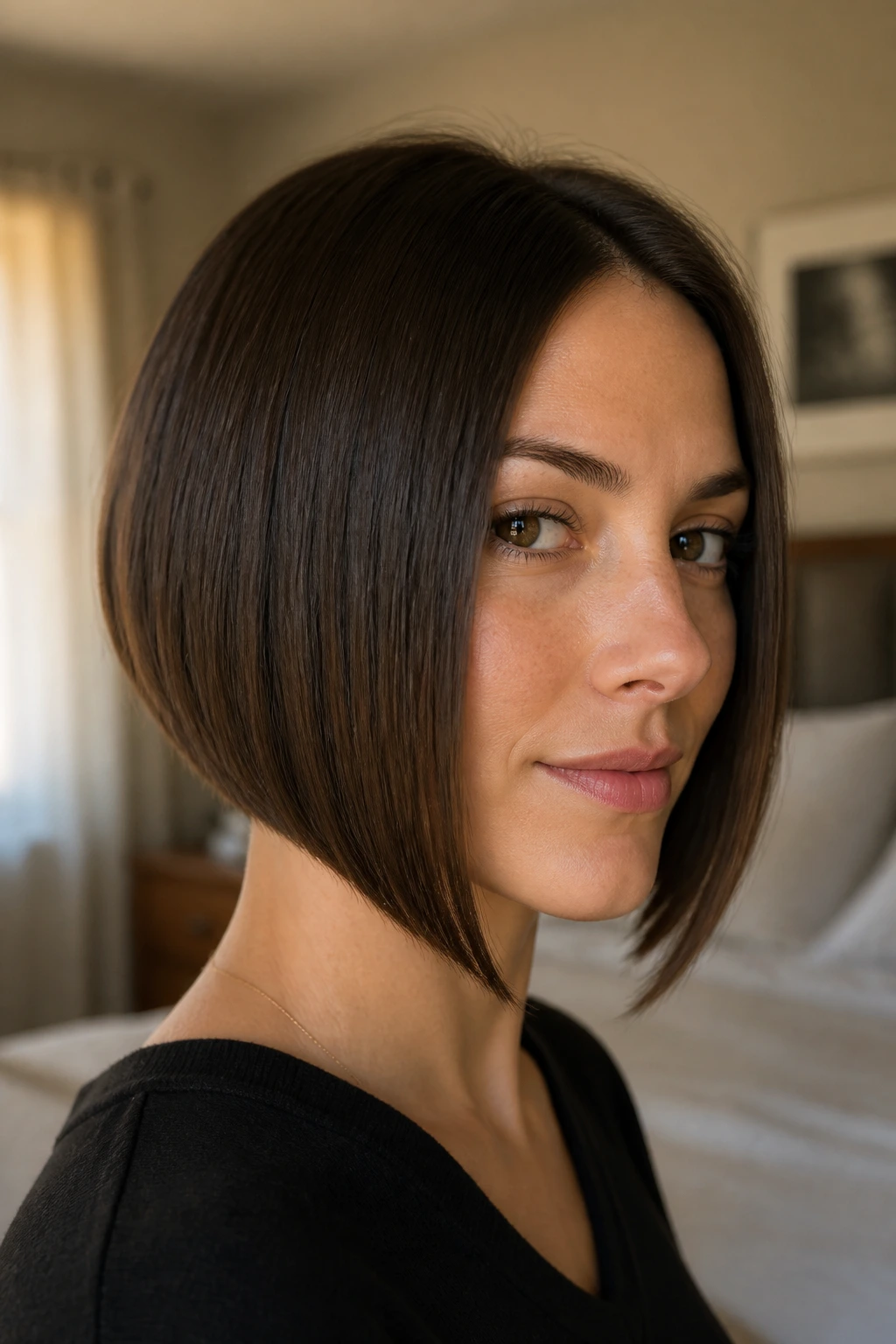 Close-up of real woman with an A-line bob showing diagonal front around chin under warm window light.