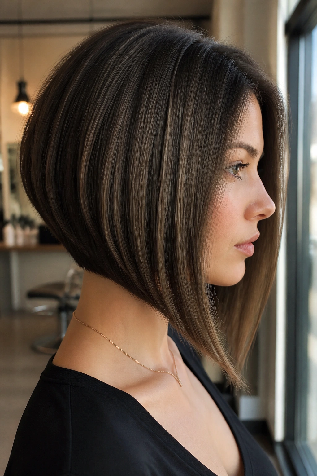 Close-up of real person with A-Line Bob in window-lit salon.