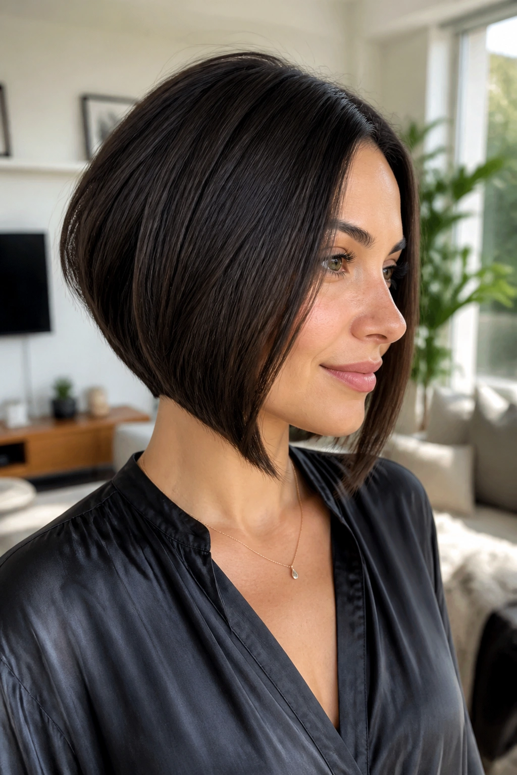 Close-up of a real woman with an A-line bob and longer front.