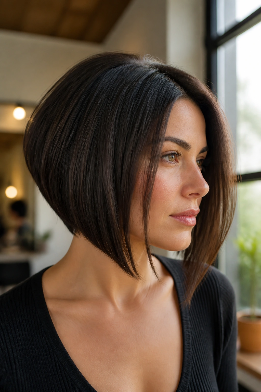 Close-up of a real person with an angled A-Line Bob, longer front, shorter back, warm salon light