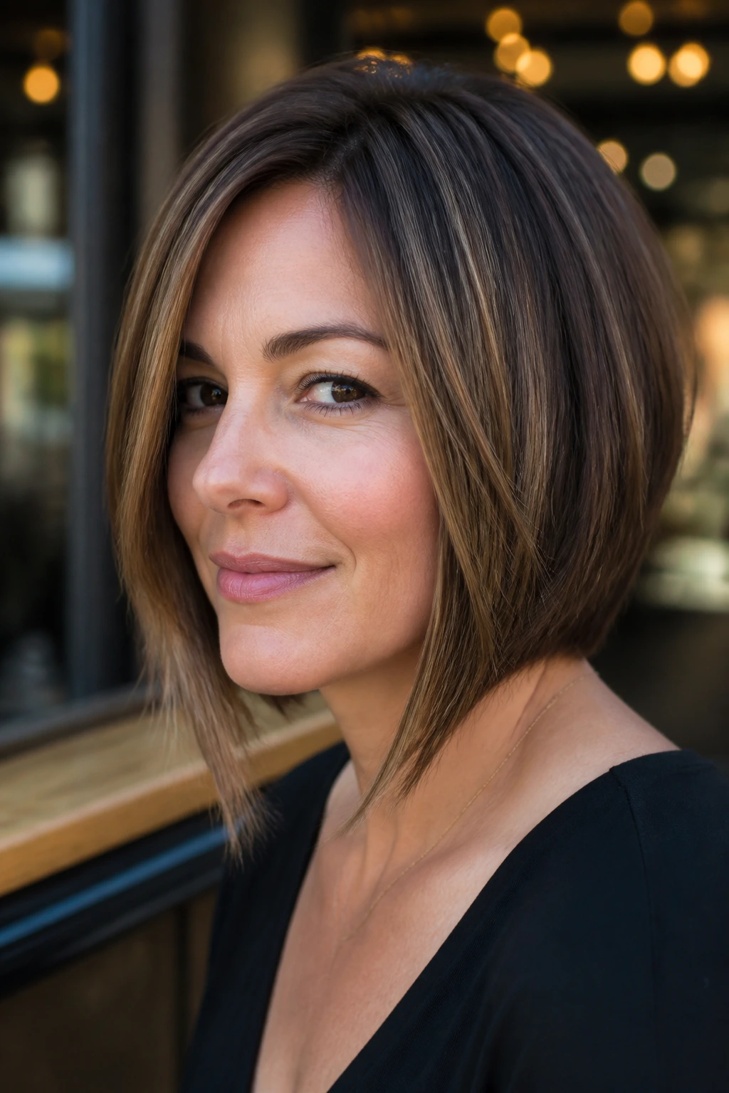 Real woman with an A-line feathered bob