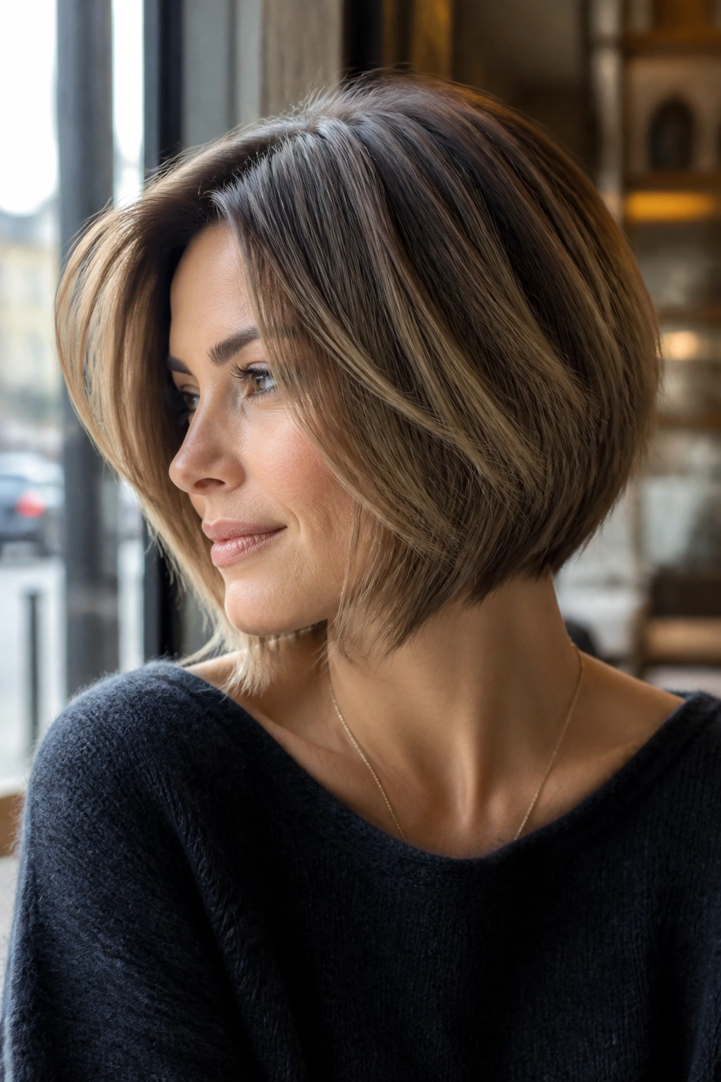 Close-up of a real person with a soft A-line feathered bob showing gentle slope.