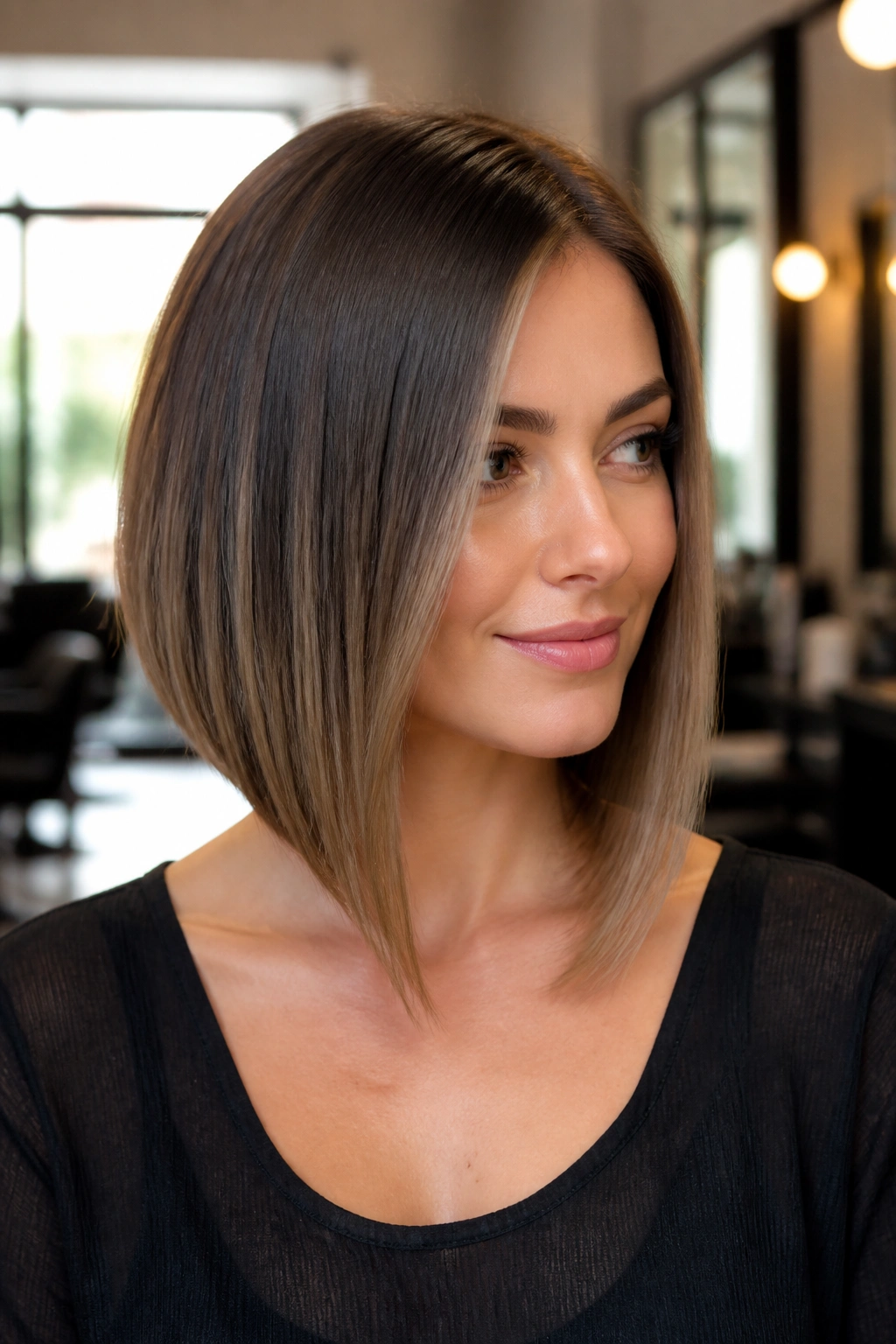 Close-up of a real woman with an A-line lob featuring longer front pieces reaching the collarbone