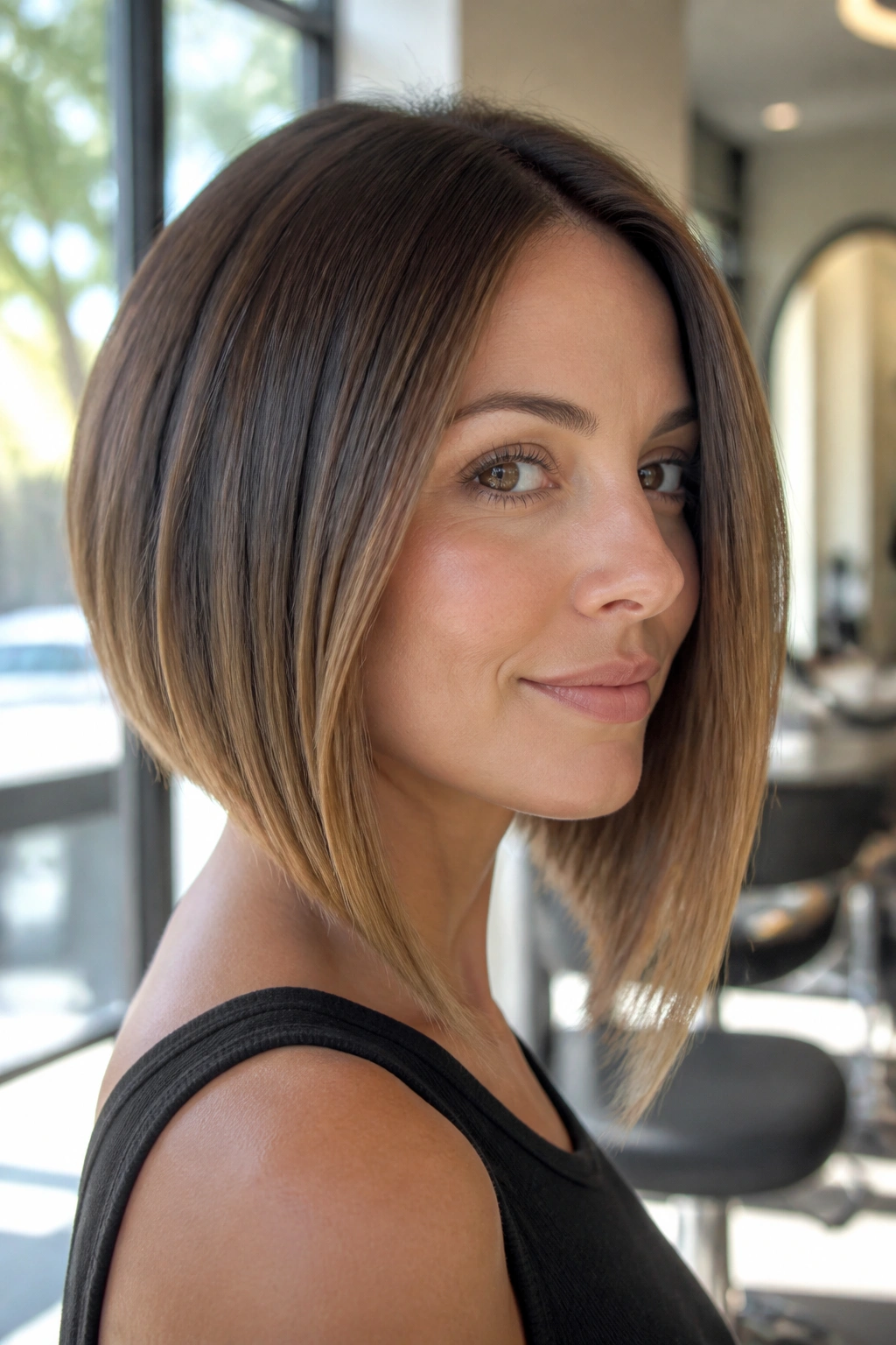 Real person with A-line lob showing back-short front-long silhouette in a sunlit salon.