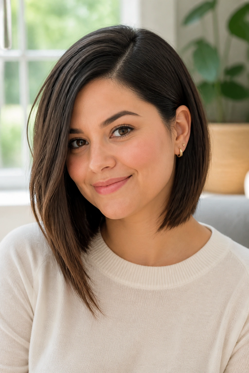 Real woman with an A-line lob and tucked side portrait near a window