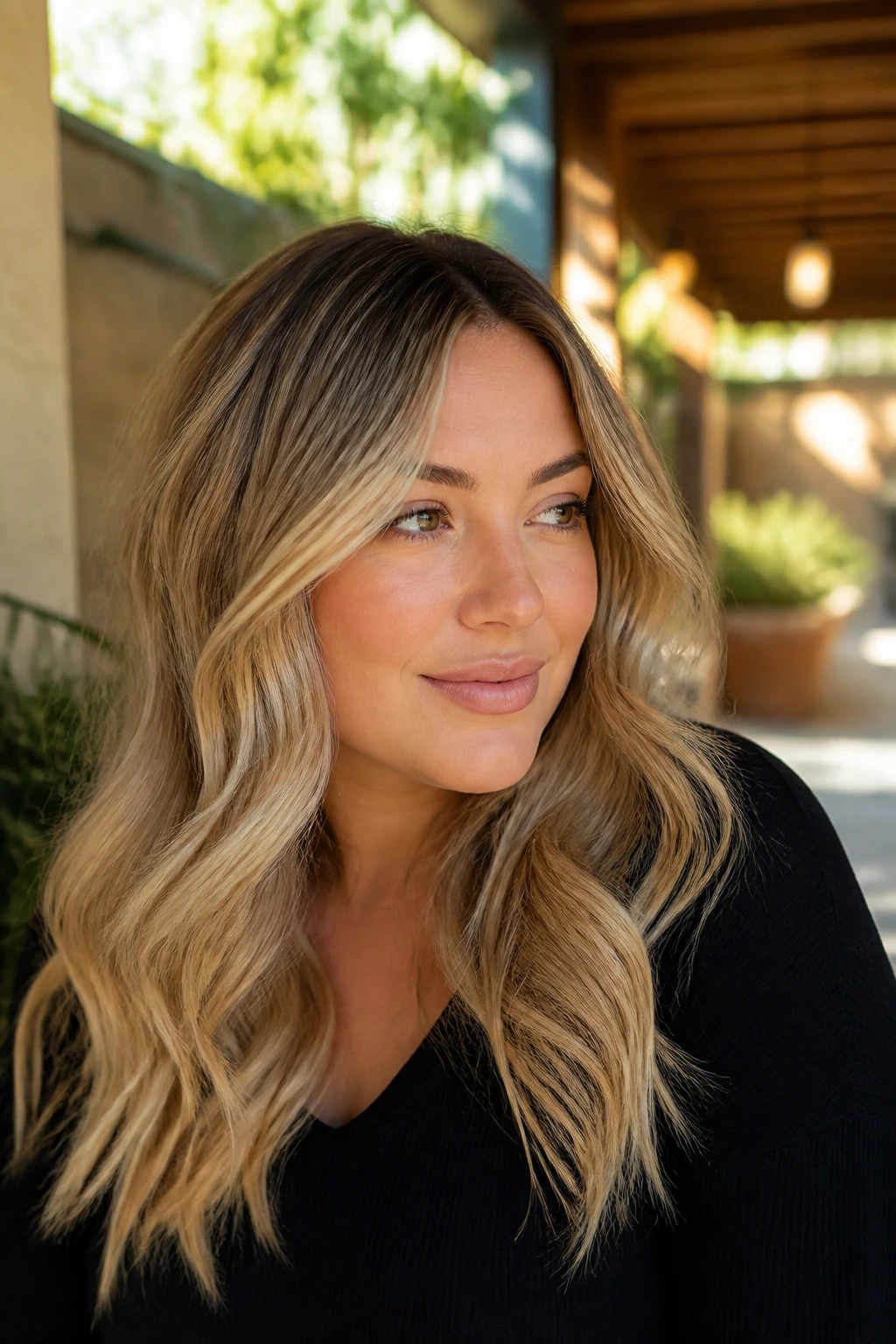 Real woman with almond blonde loose curls in warm sunlit outdoor setting.