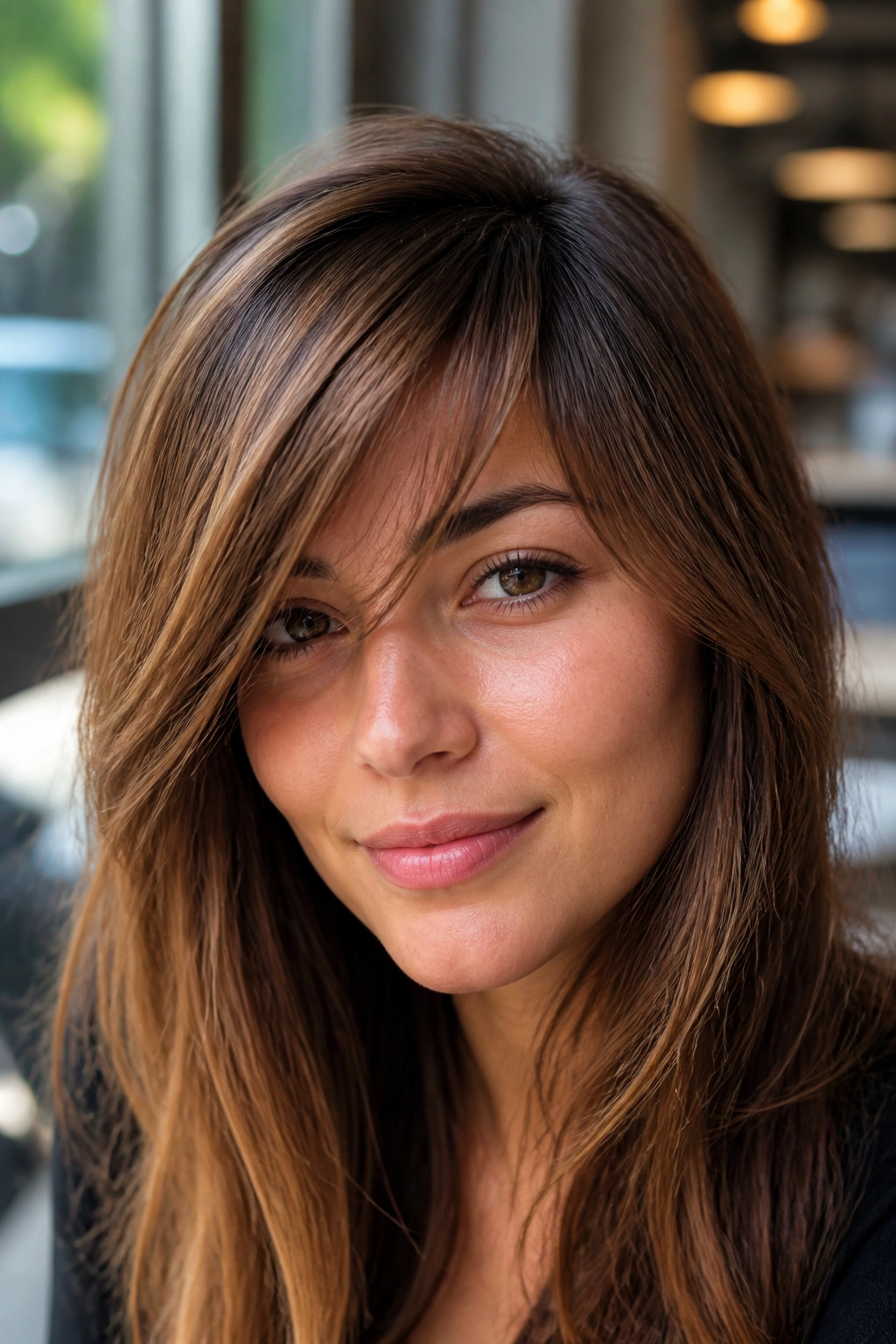 Close-up of a real woman with almond-brown hair and long fringe.