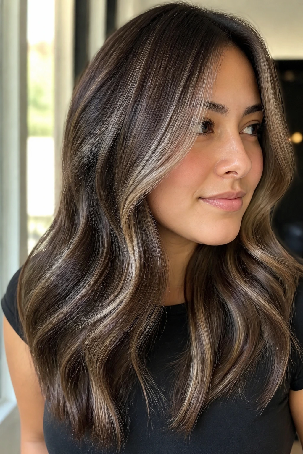 Almond brown hair with thin platinum-gray weave and soft waves