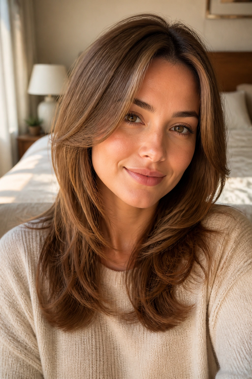Close-up portrait of a woman with almond brown hair and shallow layers framing her face in warm window light.