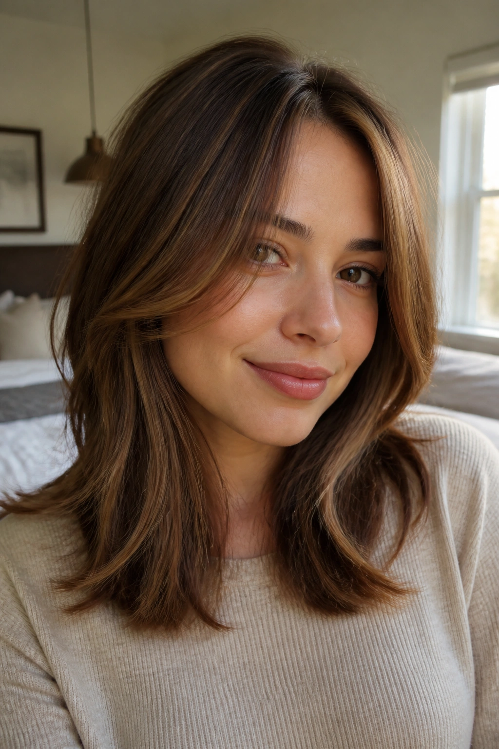 Close-up portrait of a real person with almond brown hair and soft layers in window light