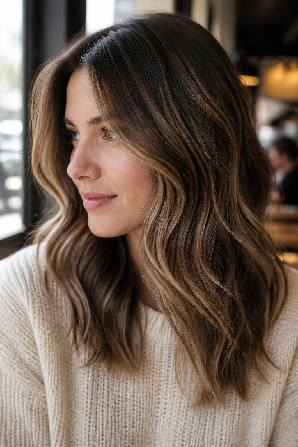 Close-up of a woman with almond caramel balayage on medium brunette hair in sunlit cafe window light