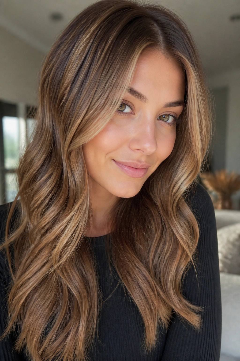 Close-up portrait showing almond caramel dimension across beige-brown hair