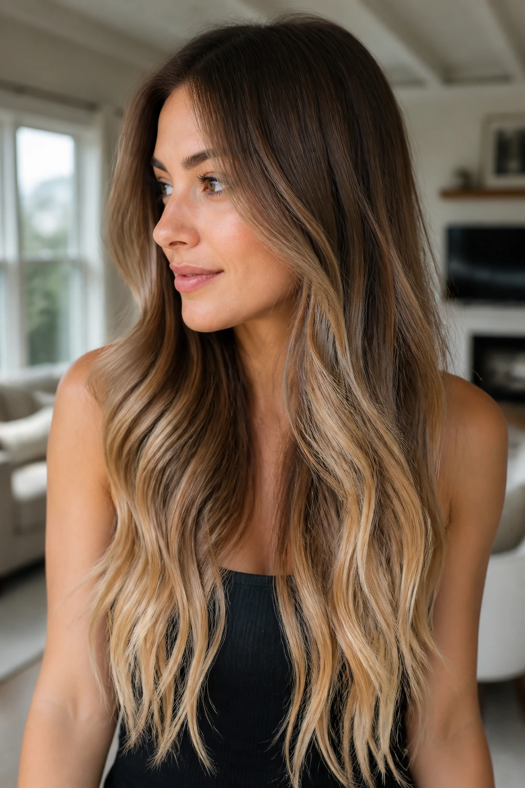 Close-up of almond brown to champagne beige ombre on a real woman's long hair