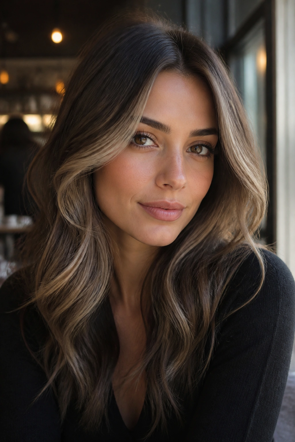 Close-up portrait showing almond contour balayage around the face on brunette hair.