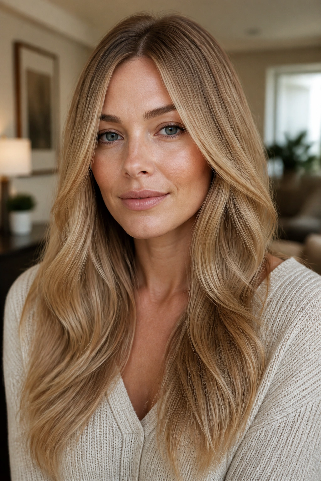 Portrait of a woman with almond honey blonde hair and satin gloss in soft natural light.