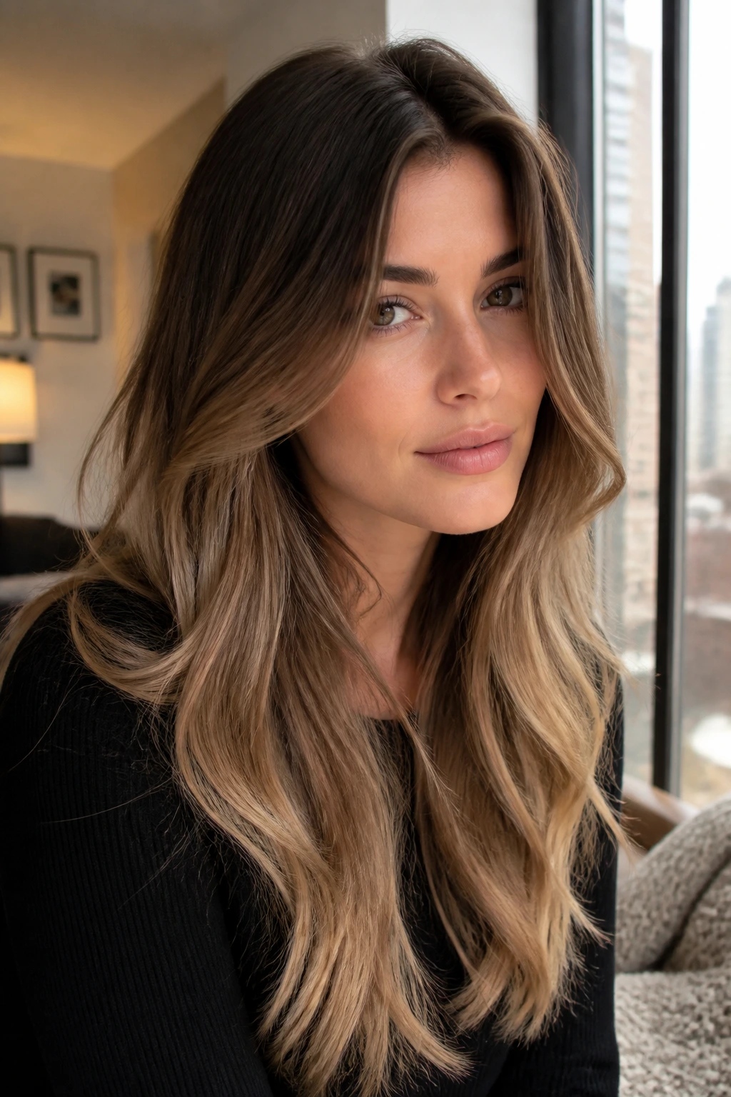 Portrait of woman with almond honey brown ombré showing brunette roots, almond mids, and honey ends.