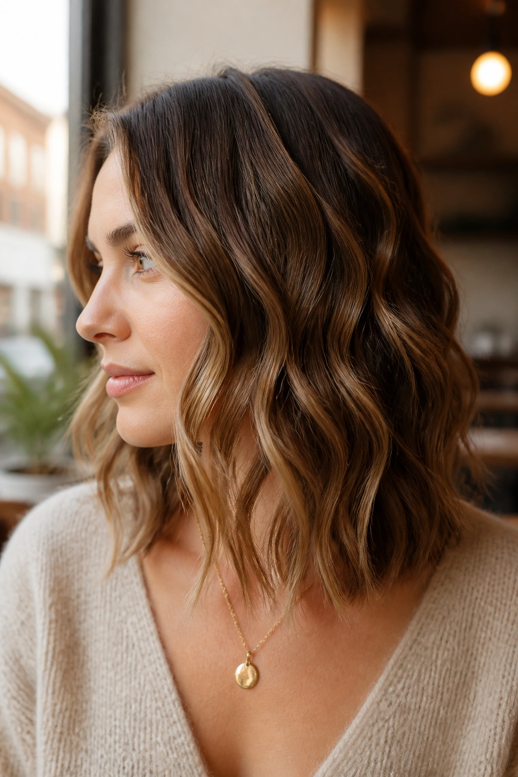 Close-up of a real woman with alternating-direction waves