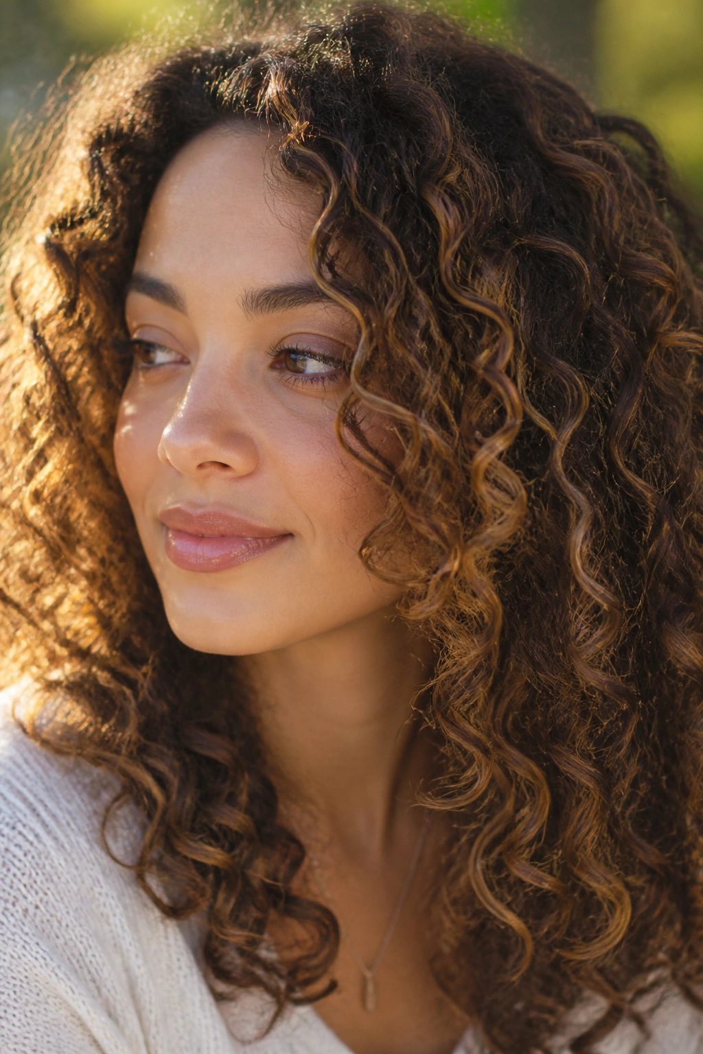 Close-up of a real person with amber brown hair and golden threads.
