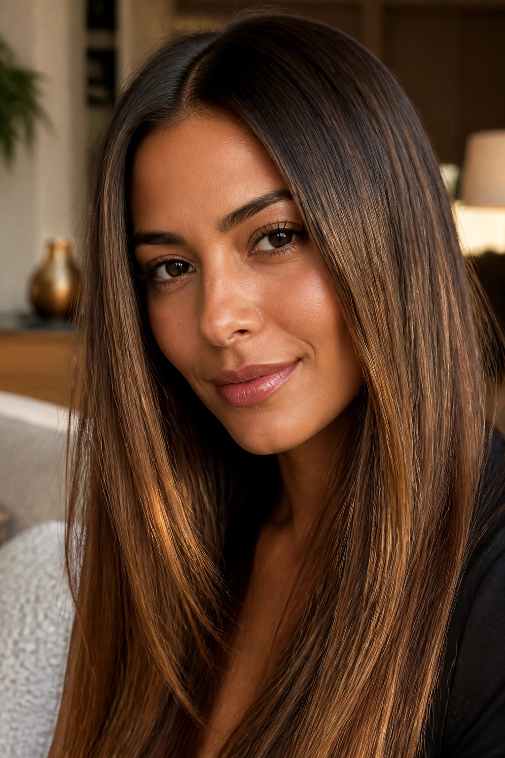 Close-up of a real woman with amber brown hair showing honey glow