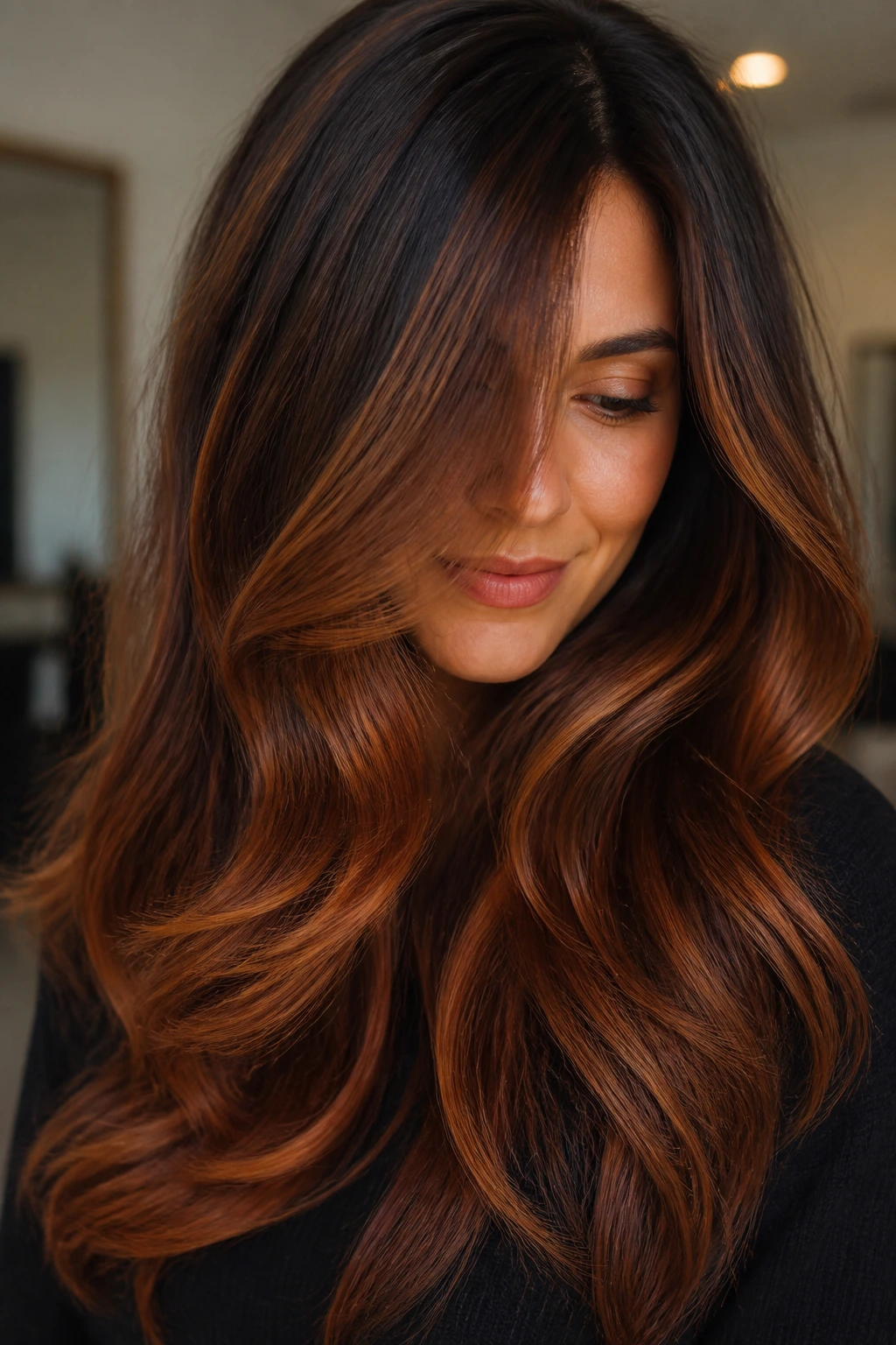 Close-up long hair with deep brown base and amber copper finish