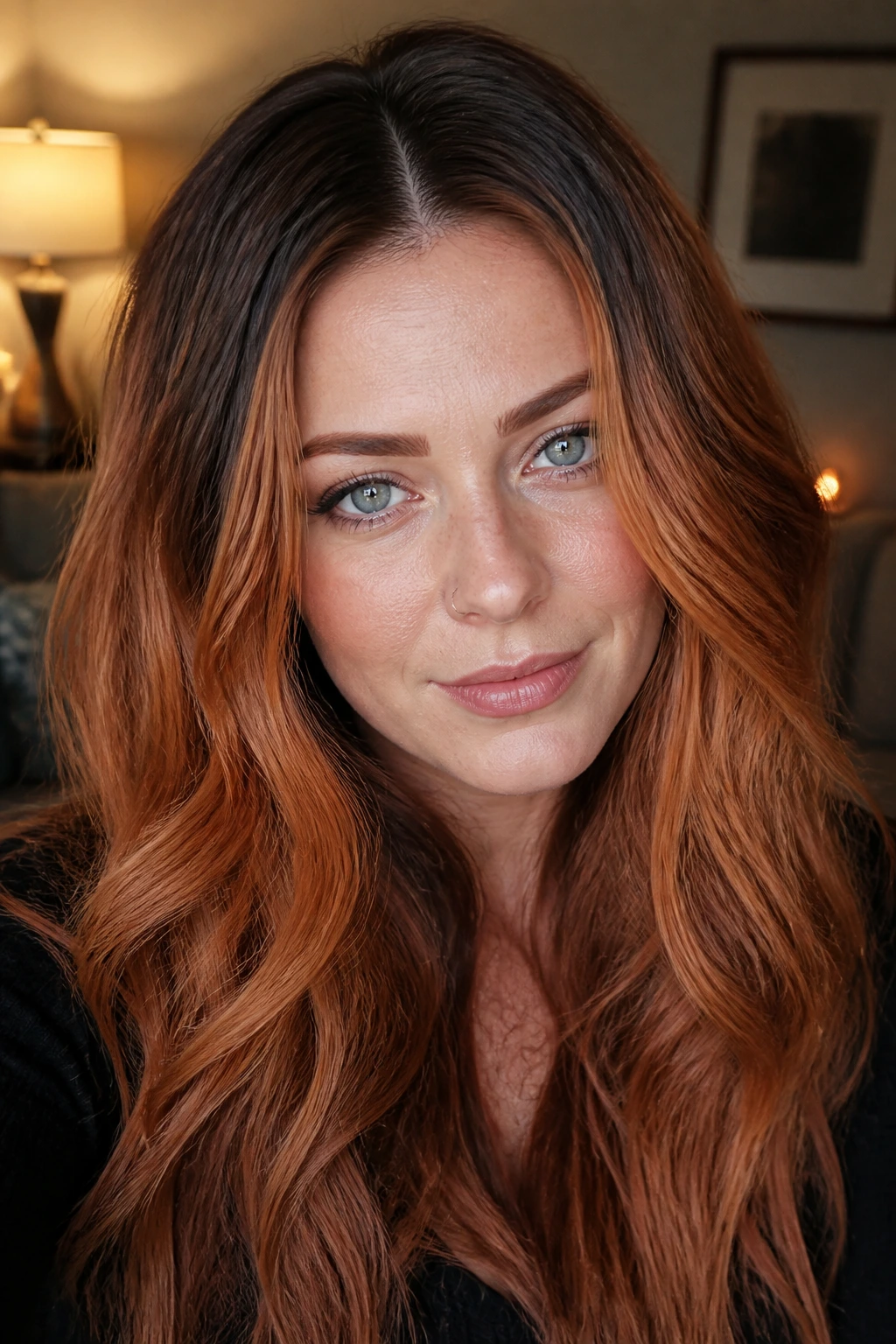 Close-up portrait of a person with amber copper and a shadow root under warm indoor lighting.