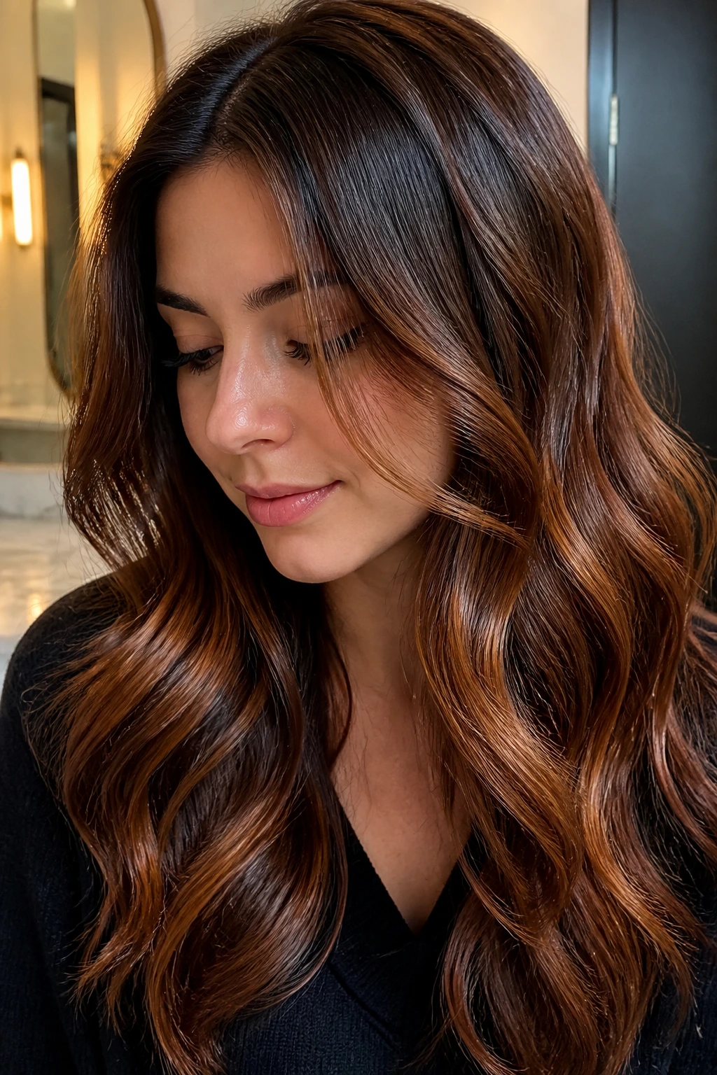 Close-up of brunette hair with amber gloss and shiny finish