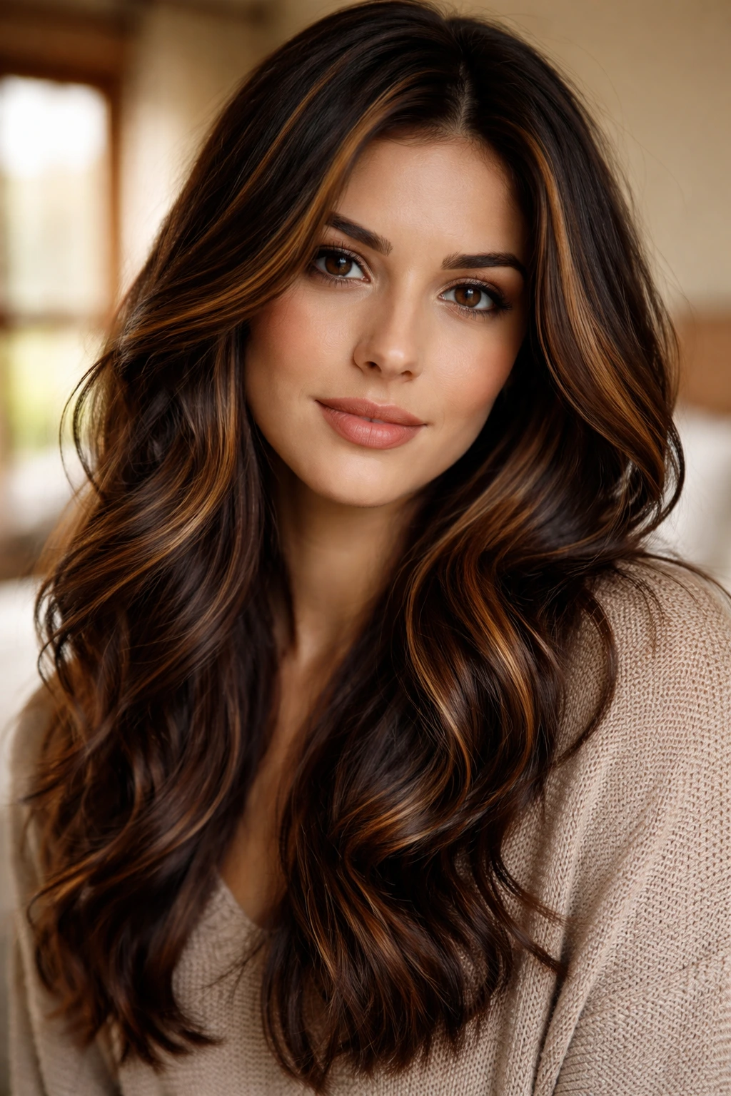 Close-up of a real woman's hair showing amber-toned highlights on dark brown hair under warm window light