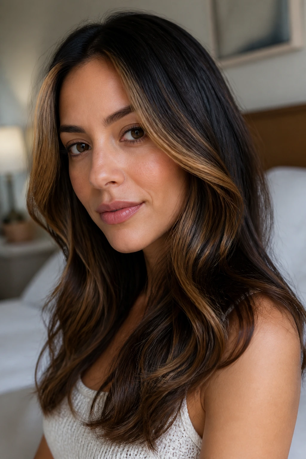 Close-up of a real woman with amber face-framing highlights on brunette hair