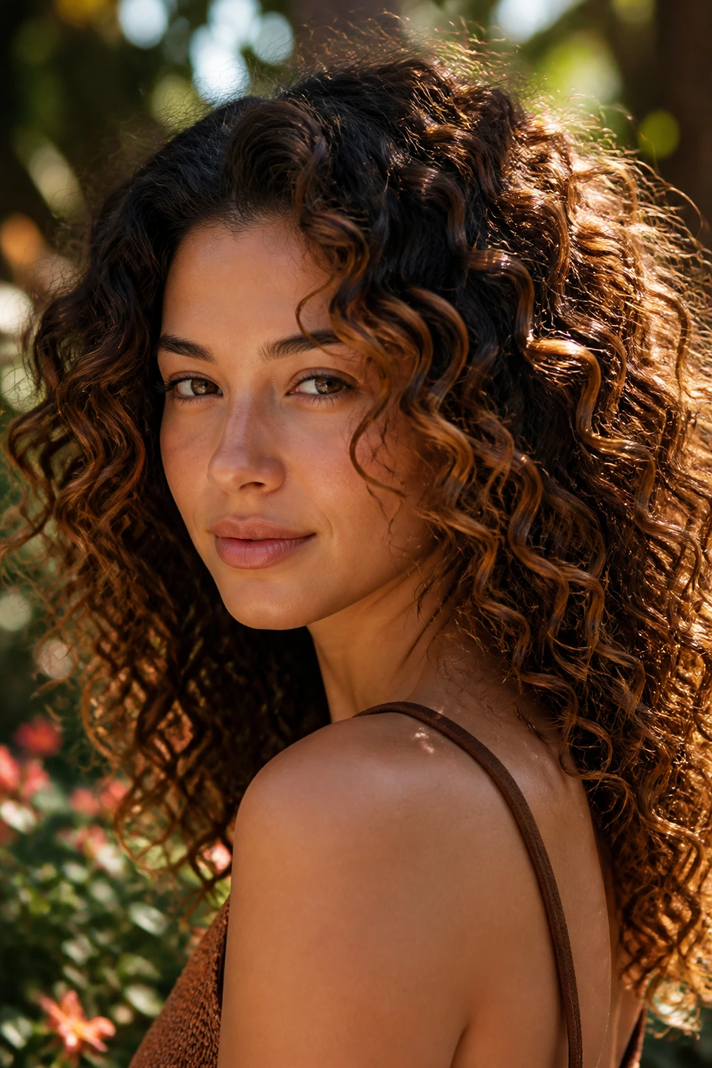 Real woman with curly brown hair showing amber highlights woven through curls