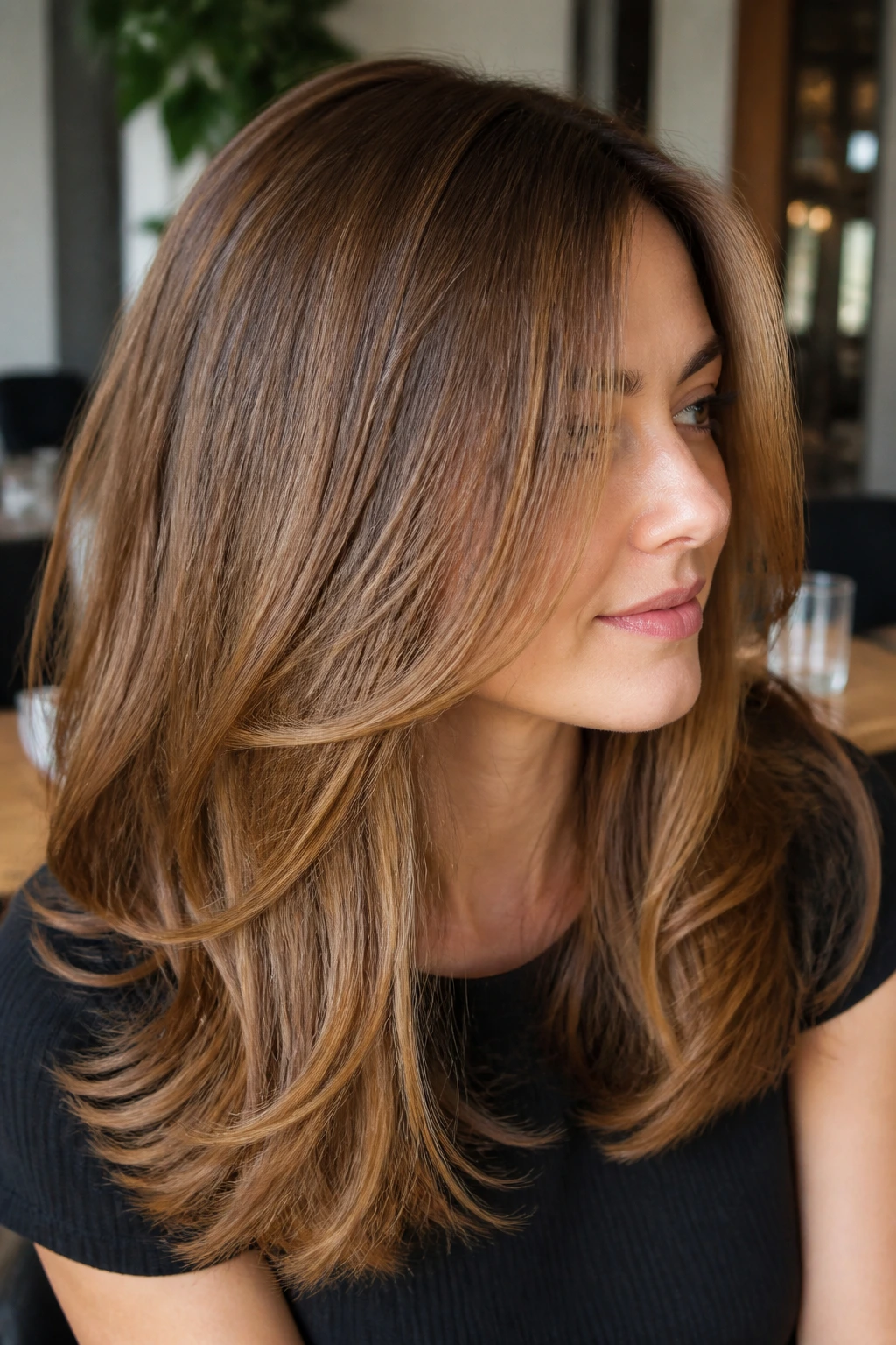 Close-up portrait of a real woman with amber honey brown hair and soft layers.