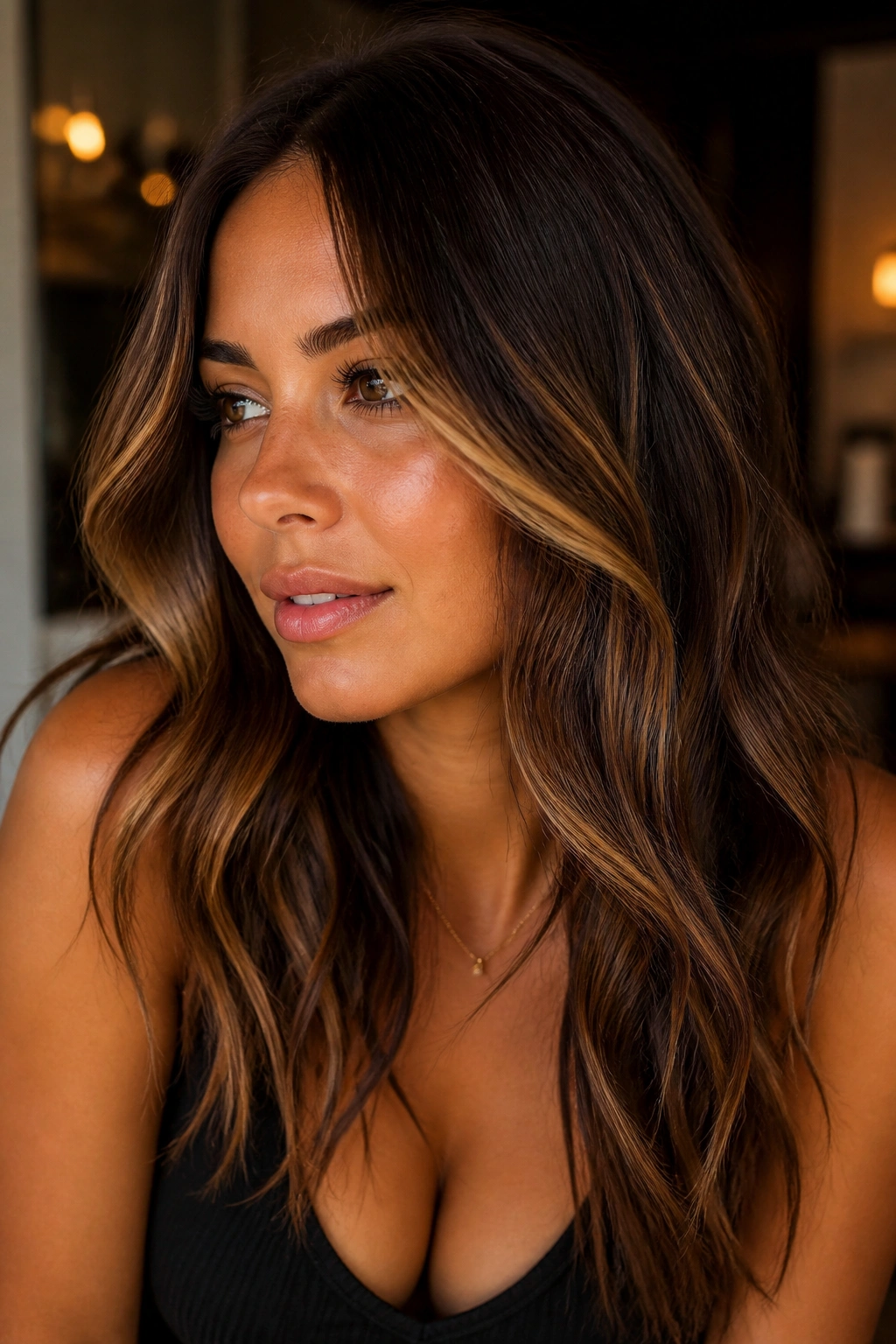 Close-up of a deep brunette with amber honey streaks around the face