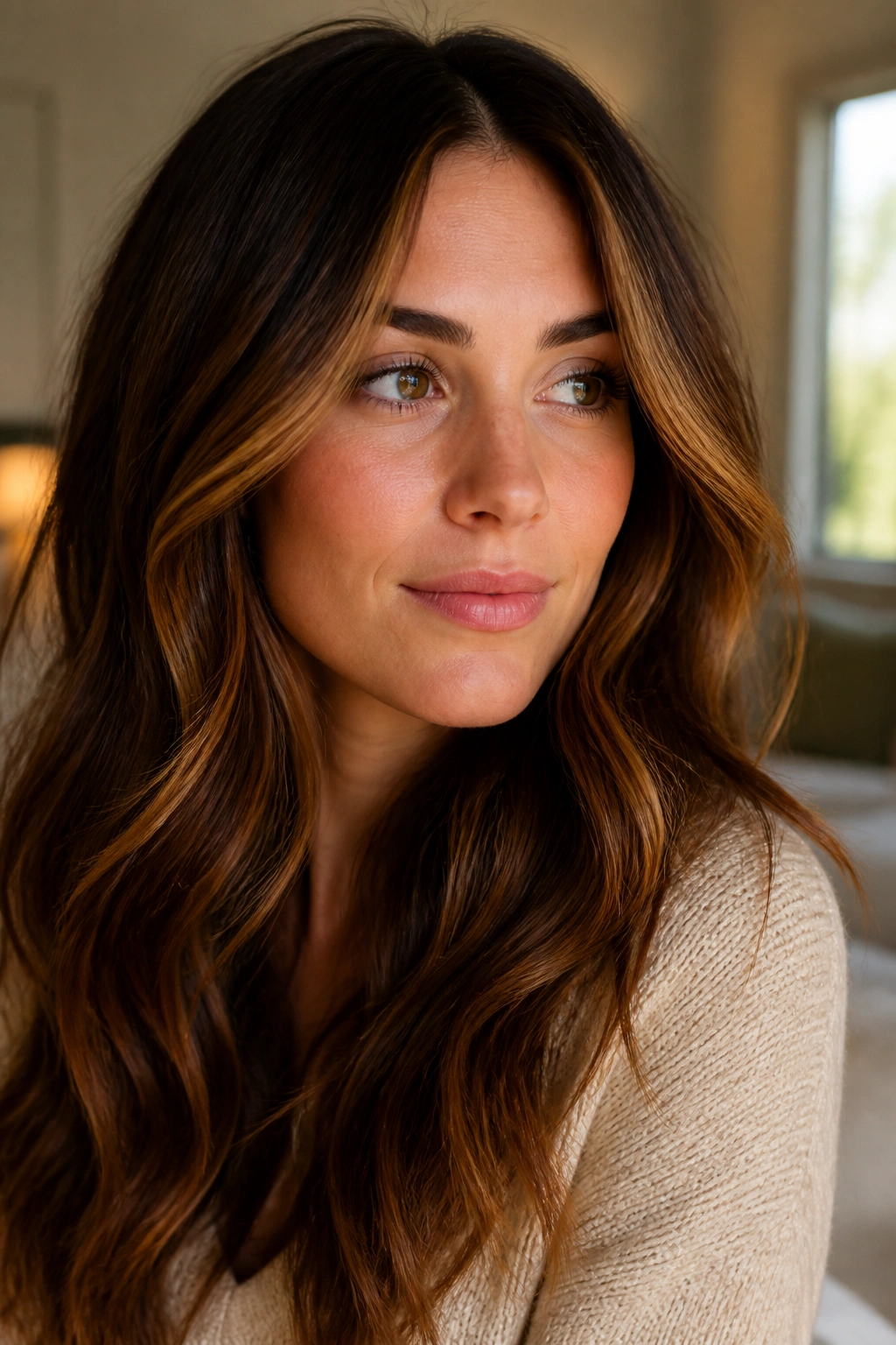 Brunette with soft amber balayage, front-face highlights, close-up portrait.